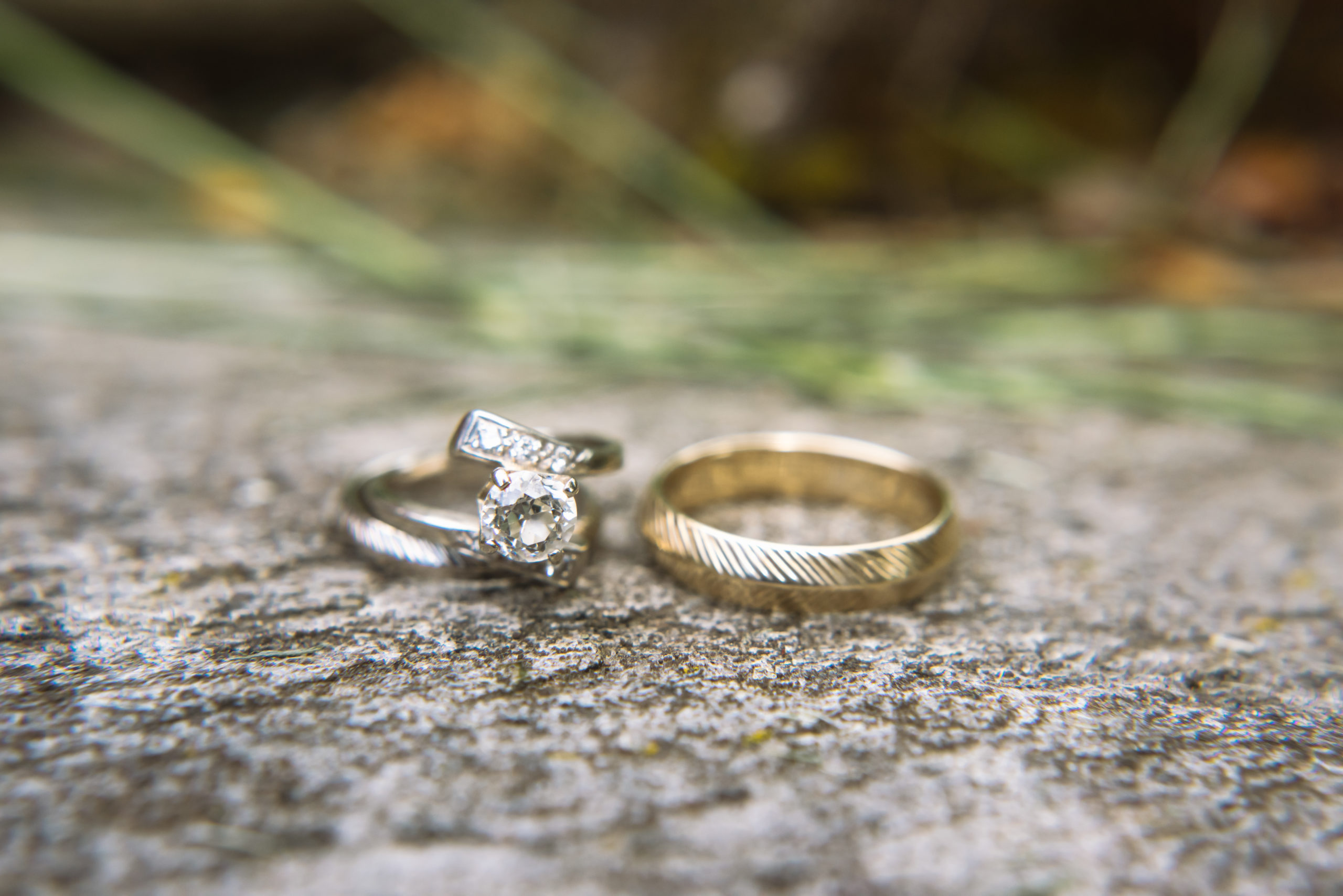 Detail of the couple's rings. Included is the silver engagement ring, the bride's silver wedding band, and the groom's gold wedding band. All rings are set on a stone surface with grass in the background.