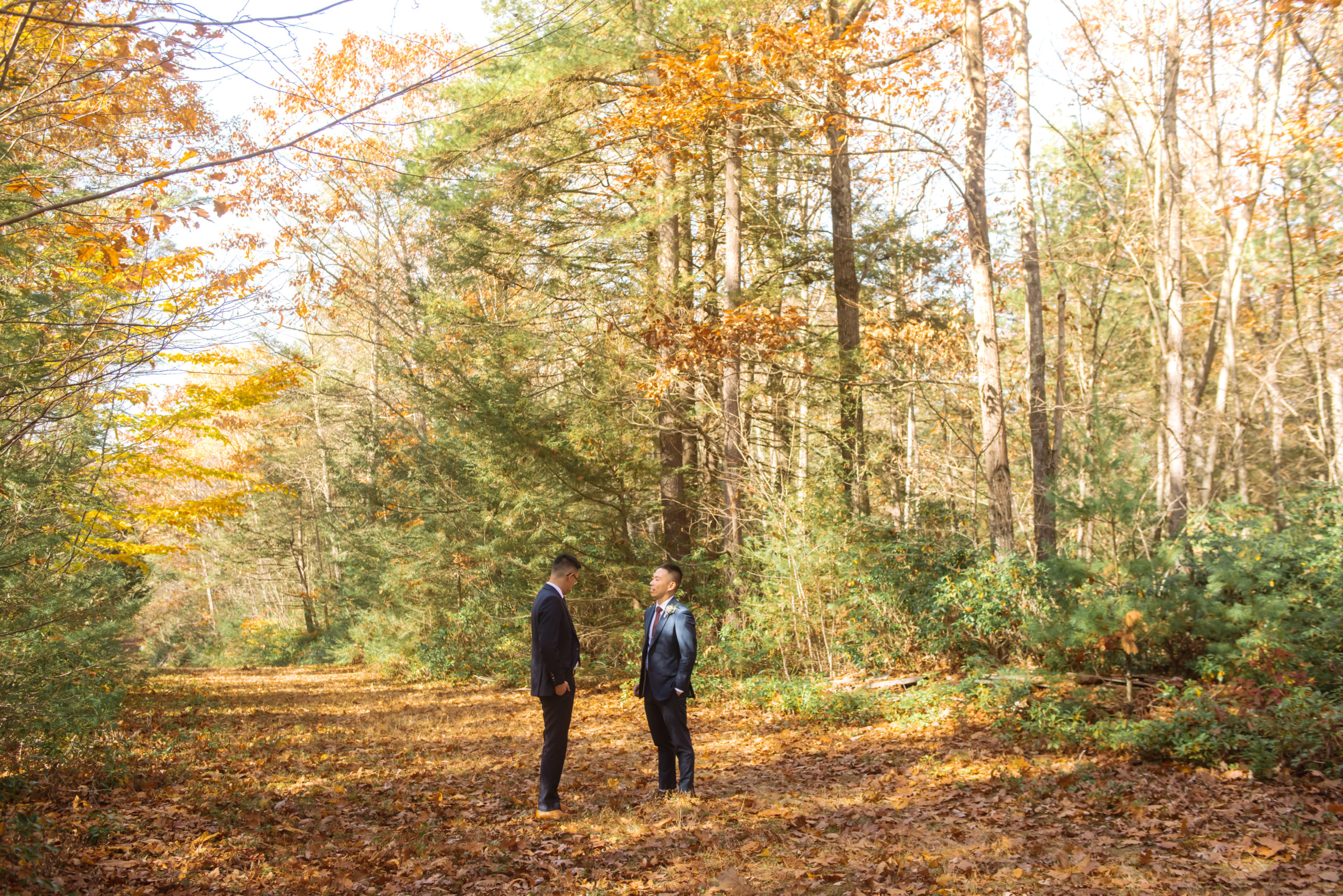 Two grooms standing facing one another in two different colored dark blue suits. Both of their hands are in their pockets. They are in a forest and standing atop an autumnal-leaf-covered trail.
