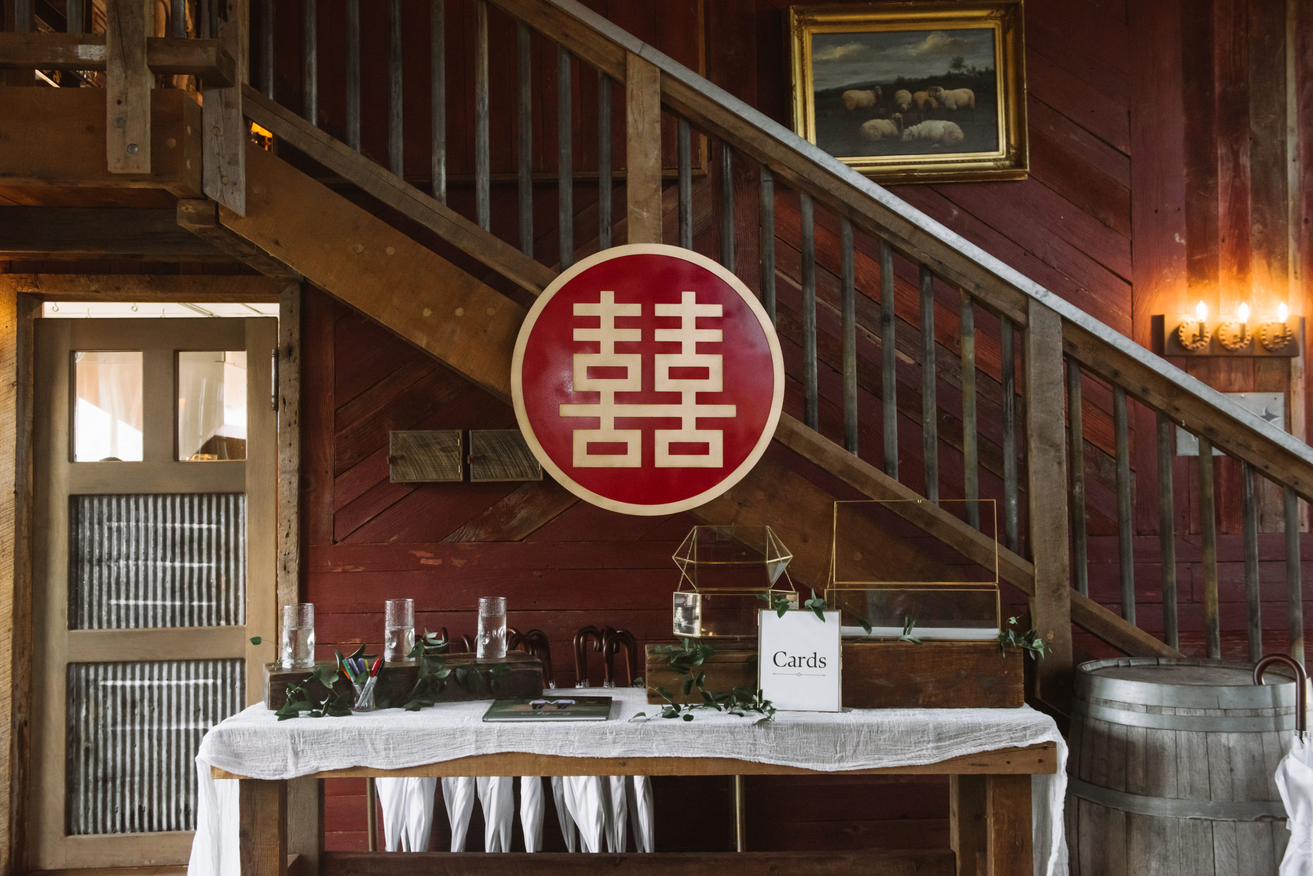 Big "double happiness" Chinese character sign. The character and outline are a light brown/gold and the background of the sign is a deep red. It is hanging on a staircase above the guest book and cards/gifts table. 