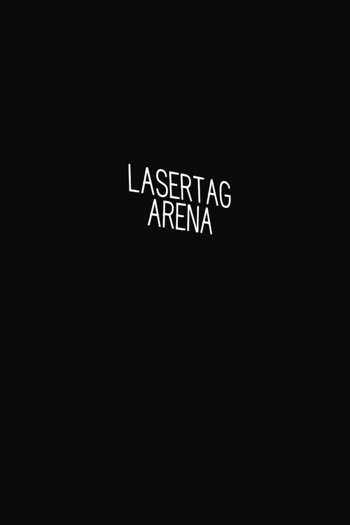 Black and white photo of the lasertag arena light up sign. The sign is surrounded in total blackness/darkness with no visible detail other than the sign.