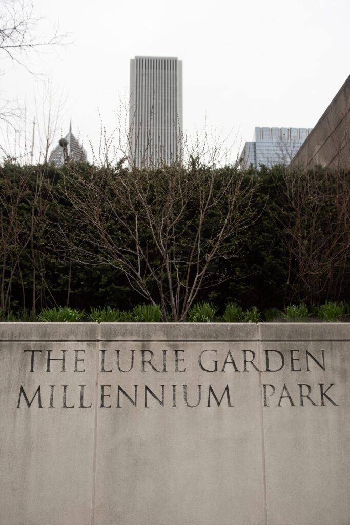 Close up of the "The Lurie Garden Millennium Park" engraving in the wall outside the park in Chicago.