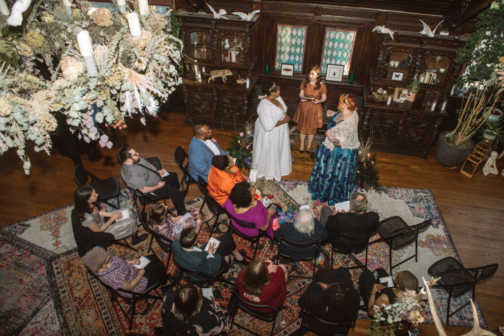 Aerial shot of an intimate wedding ceremony.